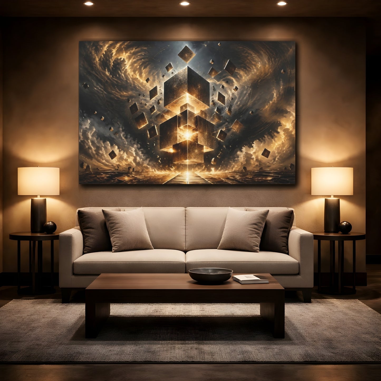 Mockup 2. Science Fiction Floating Cubes Gold And Black Abstract shown as stretched canvas wall art