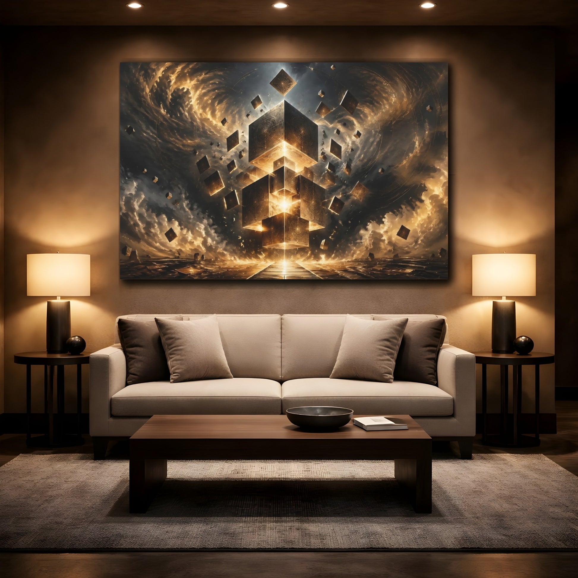 Mockup 2. Science Fiction Floating Cubes Gold And Black Abstract shown as stretched canvas wall art