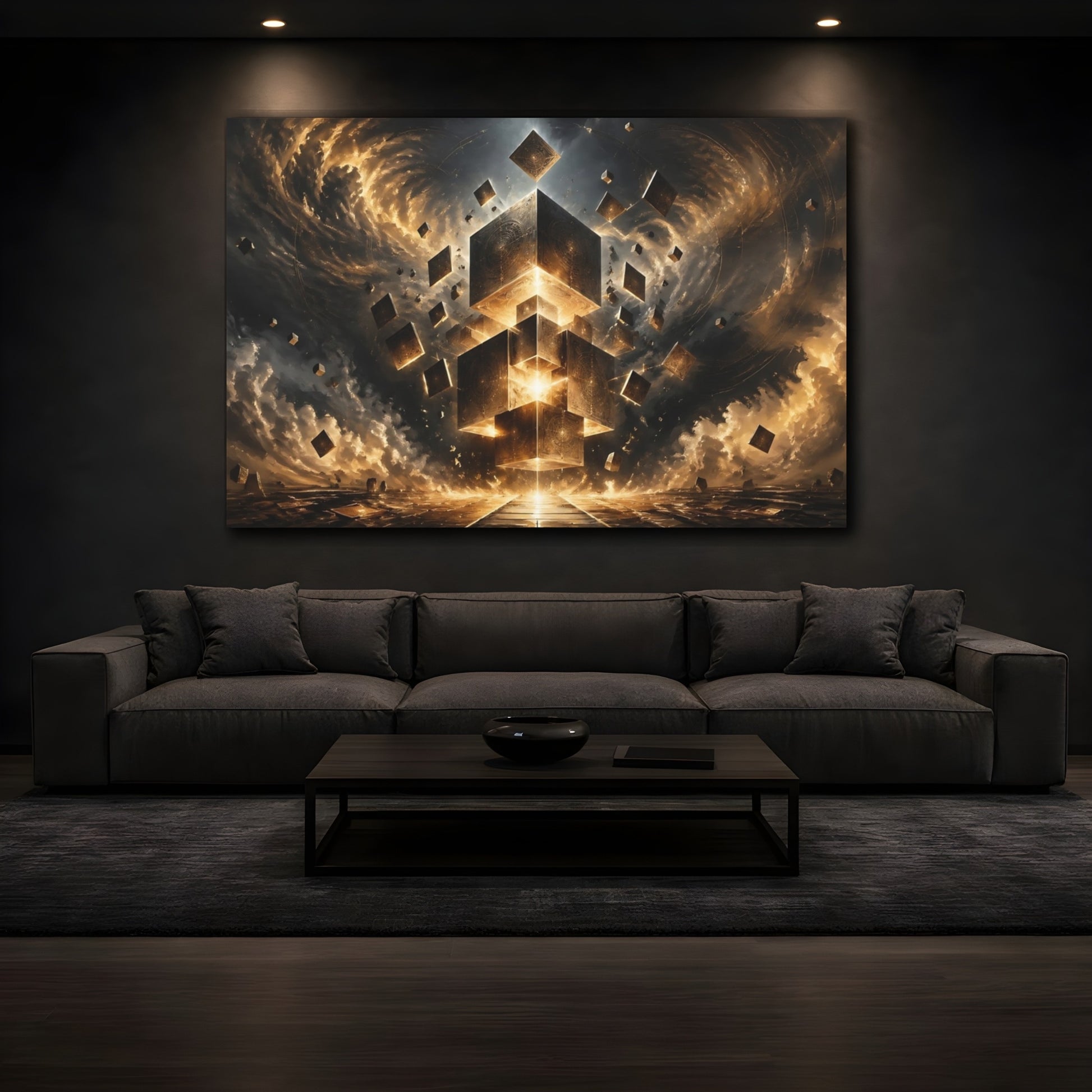 Mockup 3. Science Fiction Floating Cubes Gold And Black Abstract shown as stretched canvas wall art