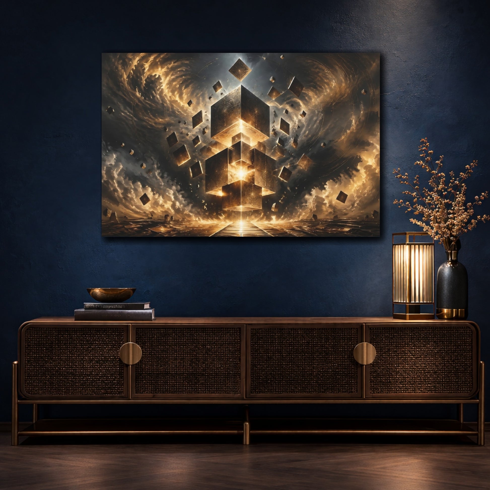 Mockup 4. Science Fiction Floating Cubes Gold And Black Abstract shown as stretched canvas wall art