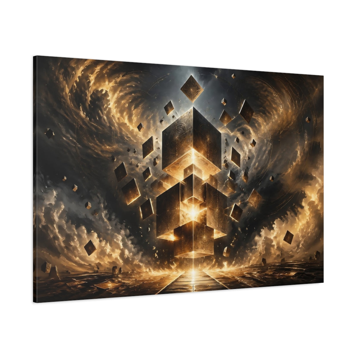 Side Mockup 1. Science Fiction Floating Cubes Gold And Black Abstract shown as stretched canvas wall art