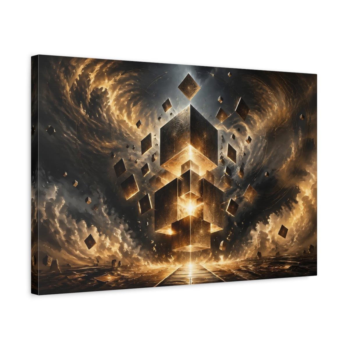 Side Mockup 3. Science Fiction Floating Cubes Gold And Black Abstract shown as stretched canvas wall art