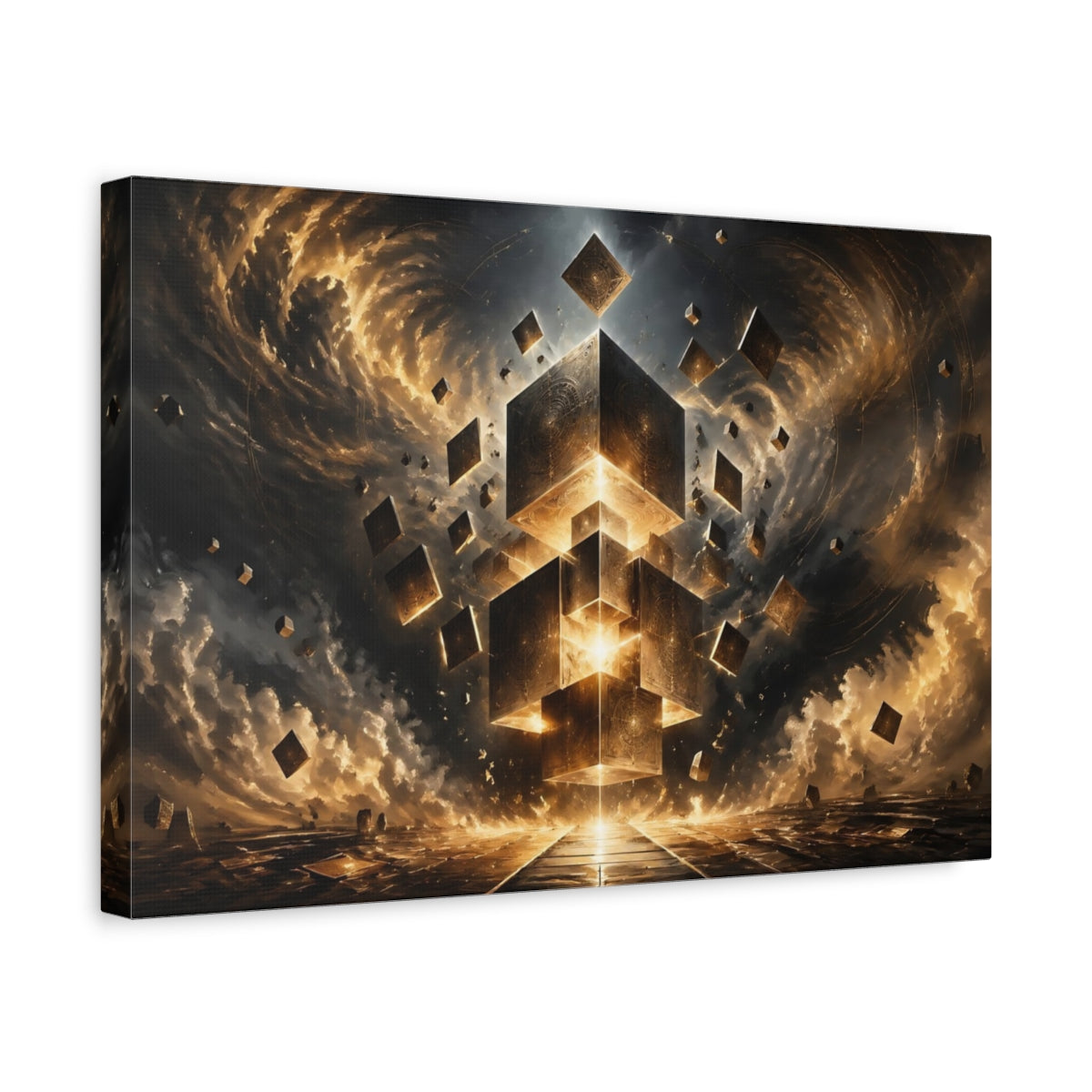 Side Mockup 4. Science Fiction Floating Cubes Gold And Black Abstract shown as stretched canvas wall art