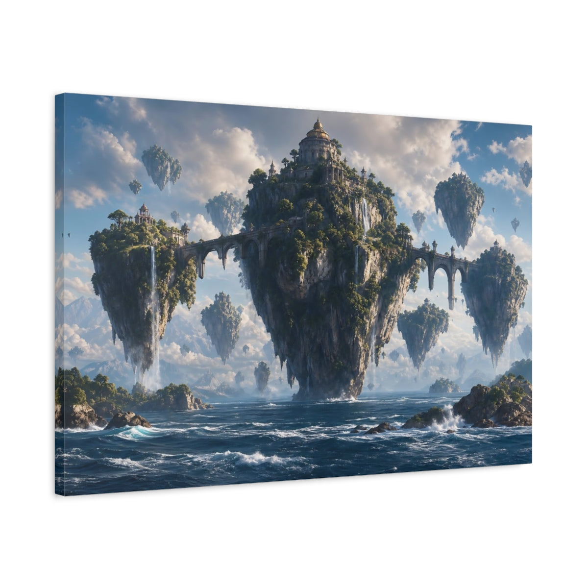 Side Mockup 2. Science Fiction Floating Islands Blue And Green shown as stretched canvas wall art
