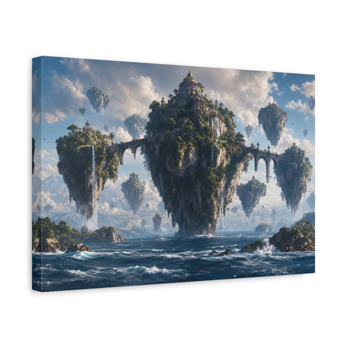 Side Mockup 4. Science Fiction Floating Islands Blue And Green shown as stretched canvas wall art