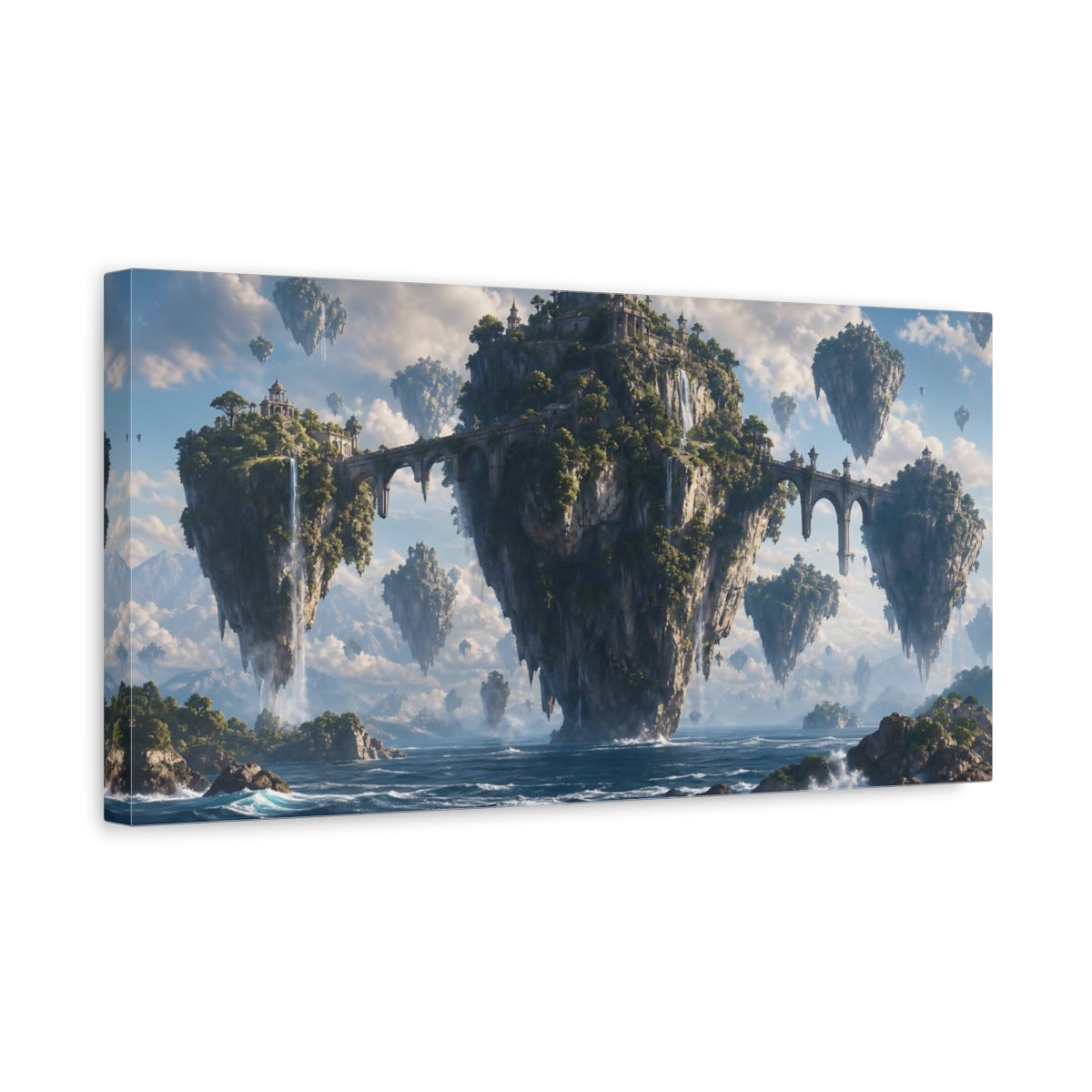 Side Mockup 3. Science Fiction Floating Islands Blue And Green shown as stretched canvas wall art