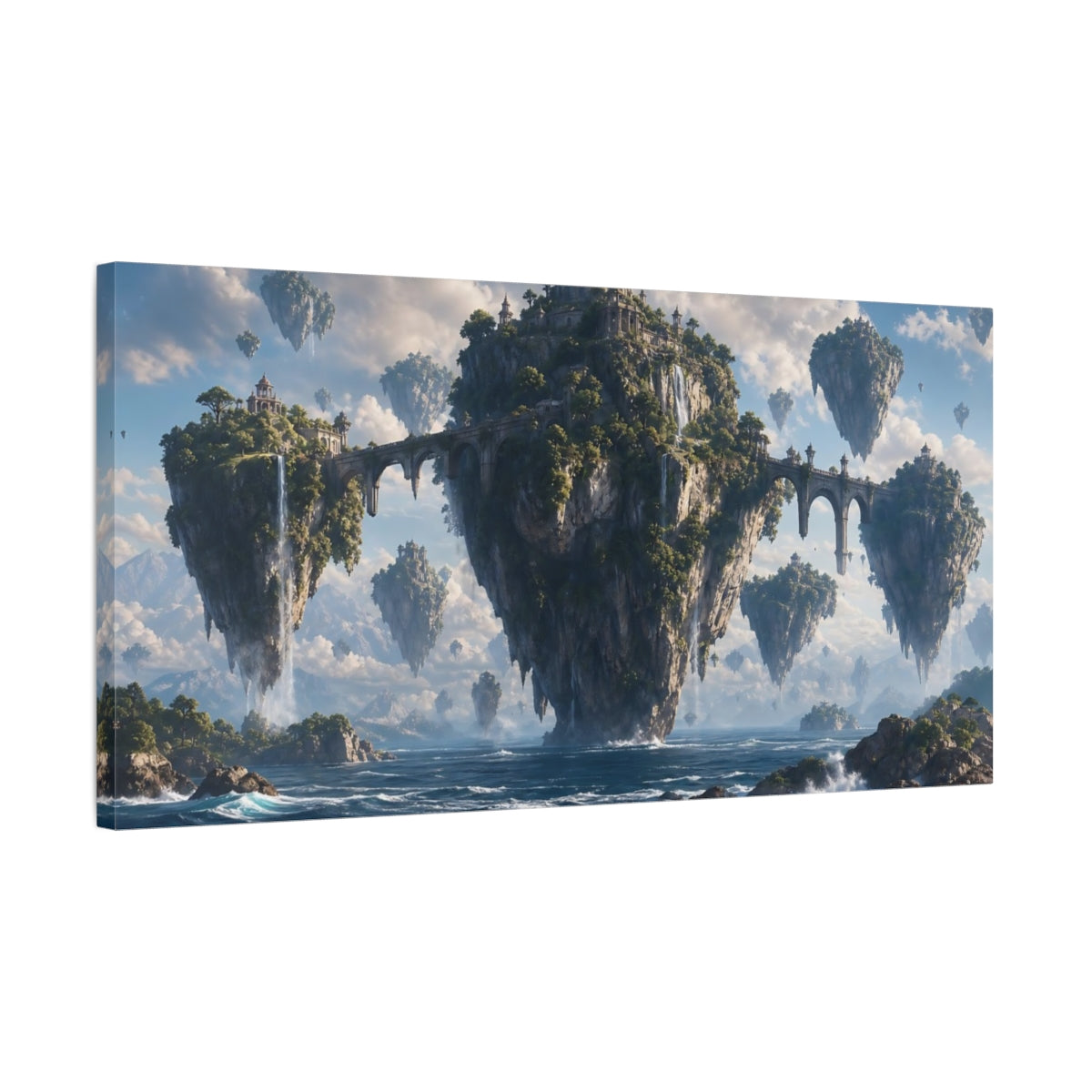 Side Mockup 1. Science Fiction Floating Islands Blue And Green shown as stretched canvas wall art