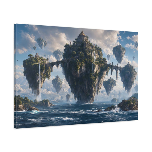 Main Mockup. Science Fiction Floating Islands Blue And Green shown as stretched canvas wall art