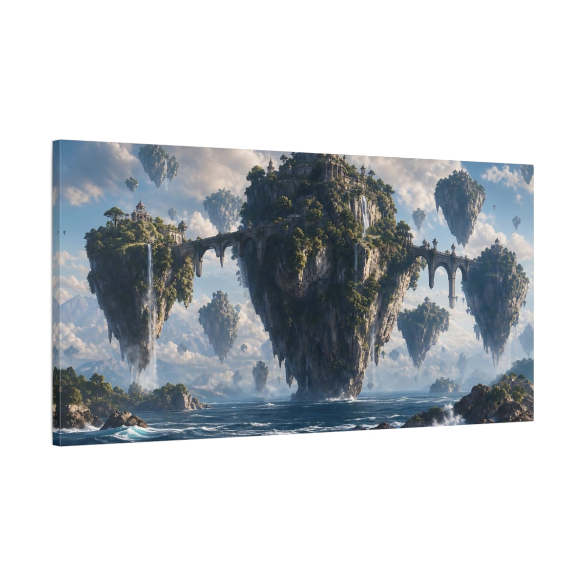 Main Mockup. Science Fiction Floating Islands Blue And Green shown as stretched canvas wall art