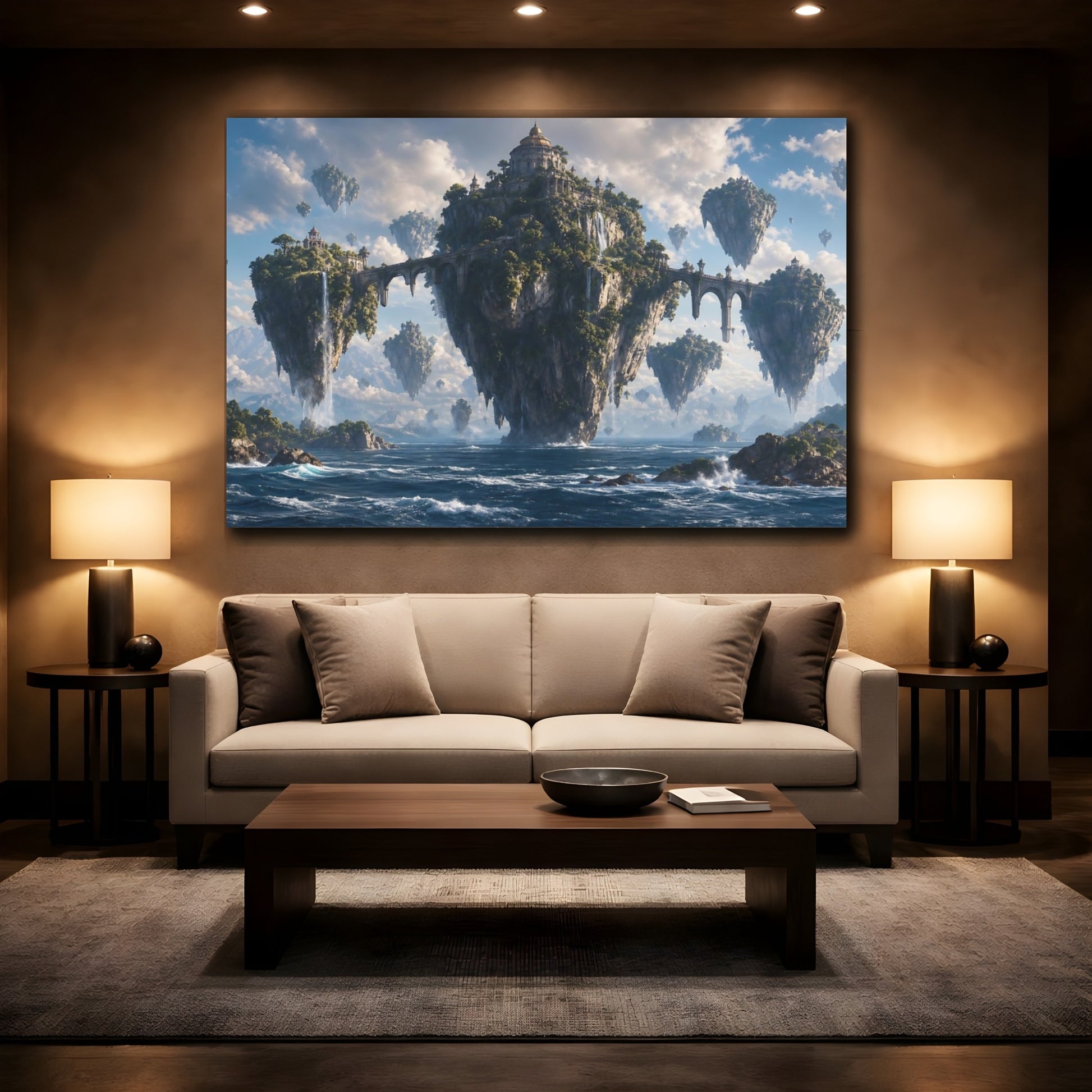 Mockup 2. Science Fiction Floating Islands Blue And Green shown as stretched canvas wall art