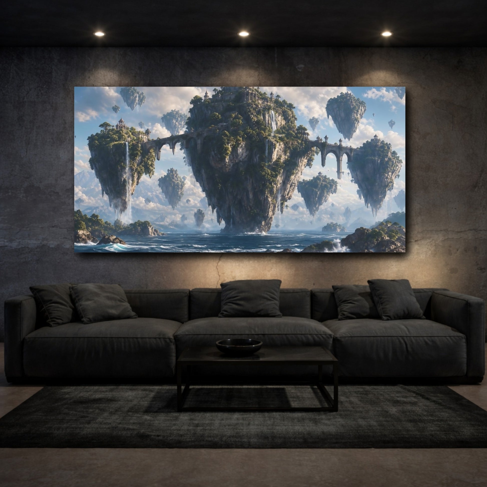 Mockup 2. Science Fiction Floating Islands Blue And Green shown as stretched canvas wall art
