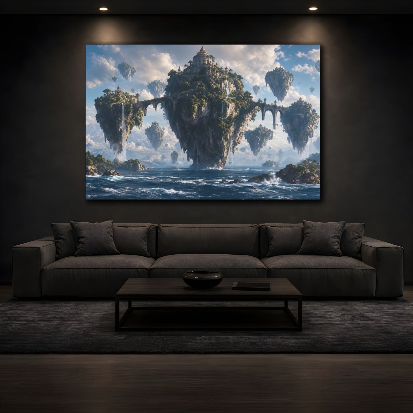 Mockup 3. Science Fiction Floating Islands Blue And Green shown as stretched canvas wall art