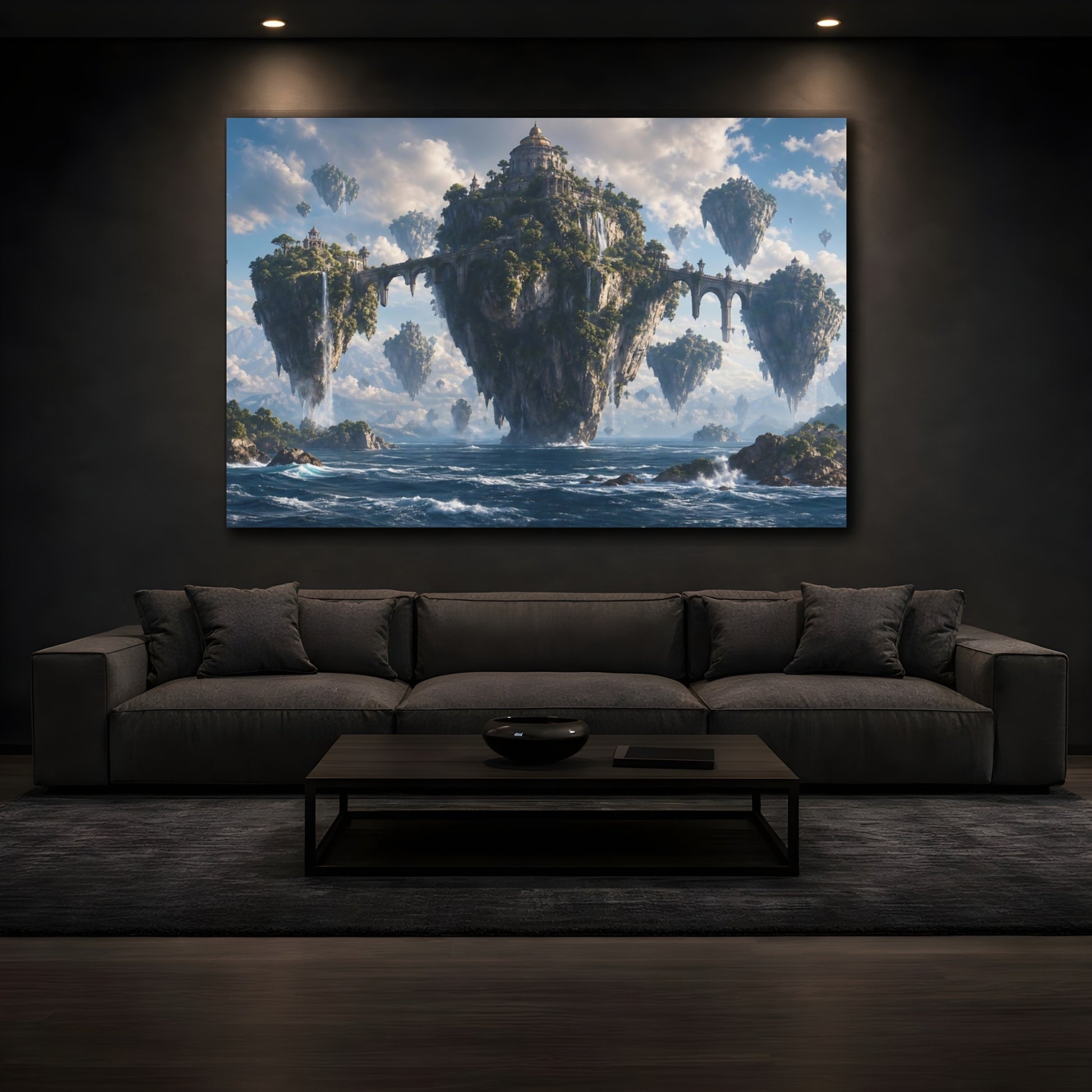 Mockup 3. Science Fiction Floating Islands Blue And Green shown as stretched canvas wall art
