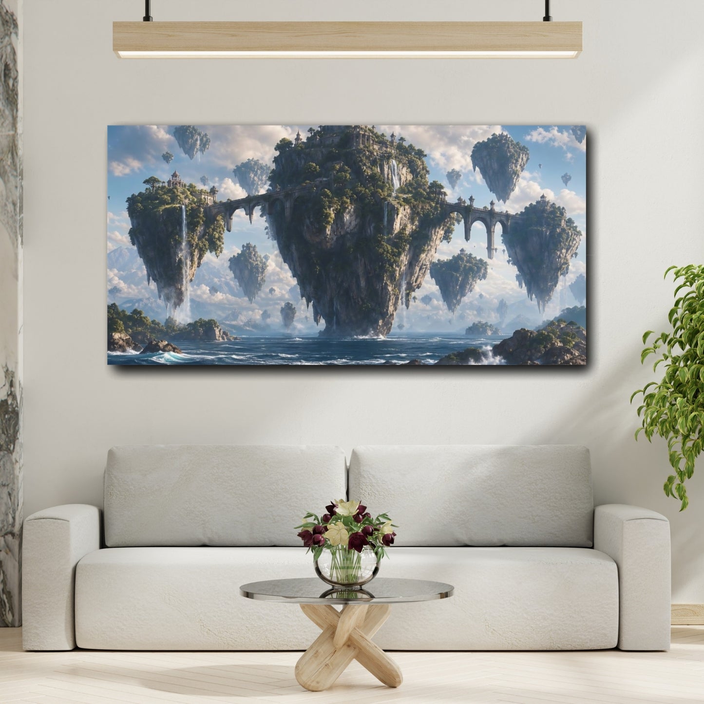 Mockup 3. Science Fiction Floating Islands Blue And Green shown as stretched canvas wall art