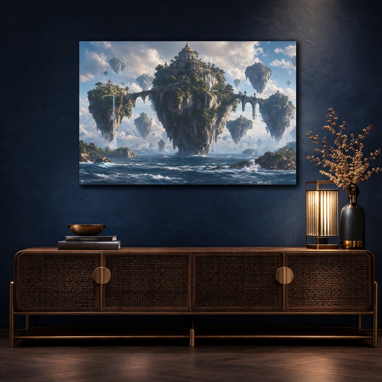 Mockup 4. Science Fiction Floating Islands Blue And Green shown as stretched canvas wall art