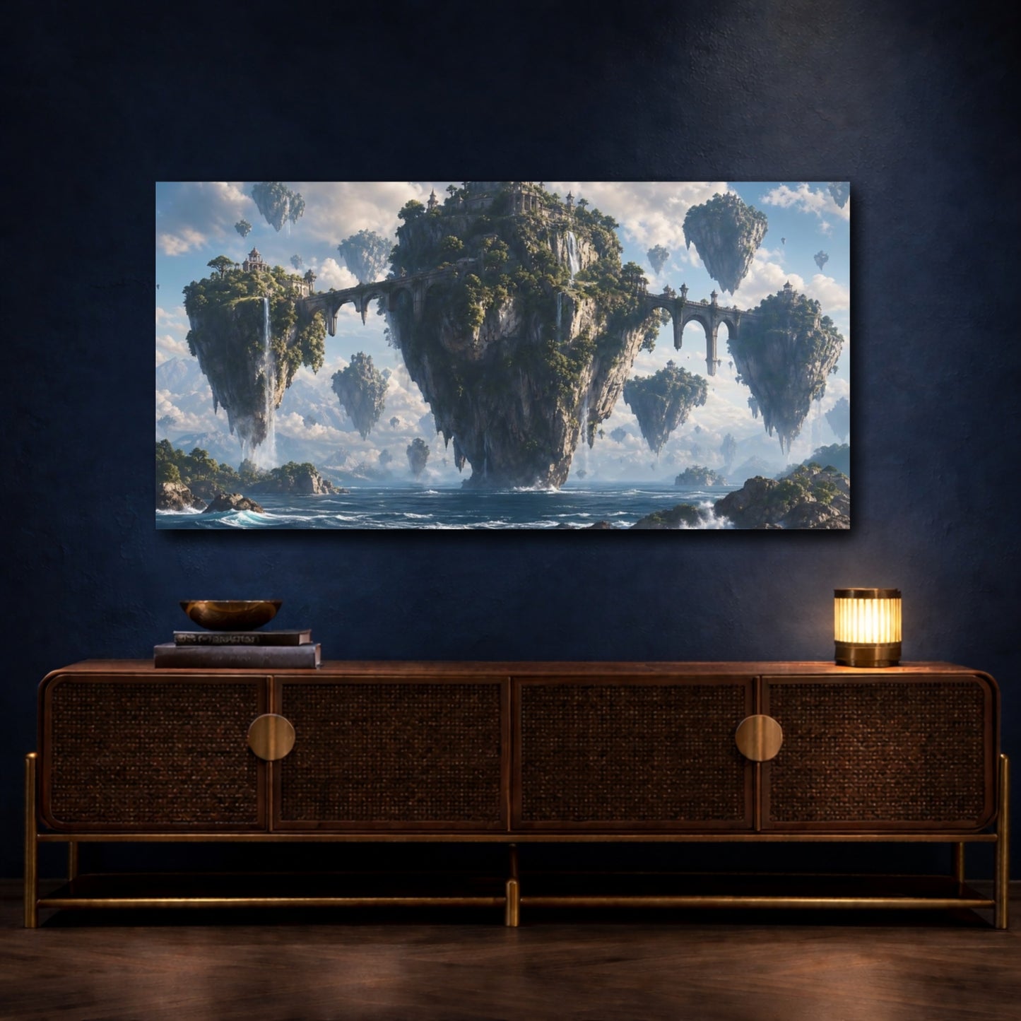 Mockup 4. Science Fiction Floating Islands Blue And Green shown as stretched canvas wall art