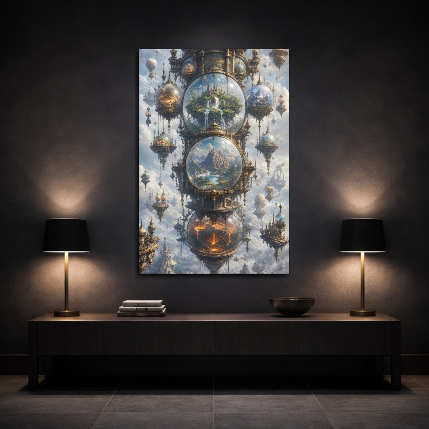 Science Fiction Floating Worlds Gold And Canvas Wall Art Print – Ornate Living Room, Above Couch - YesArtYes