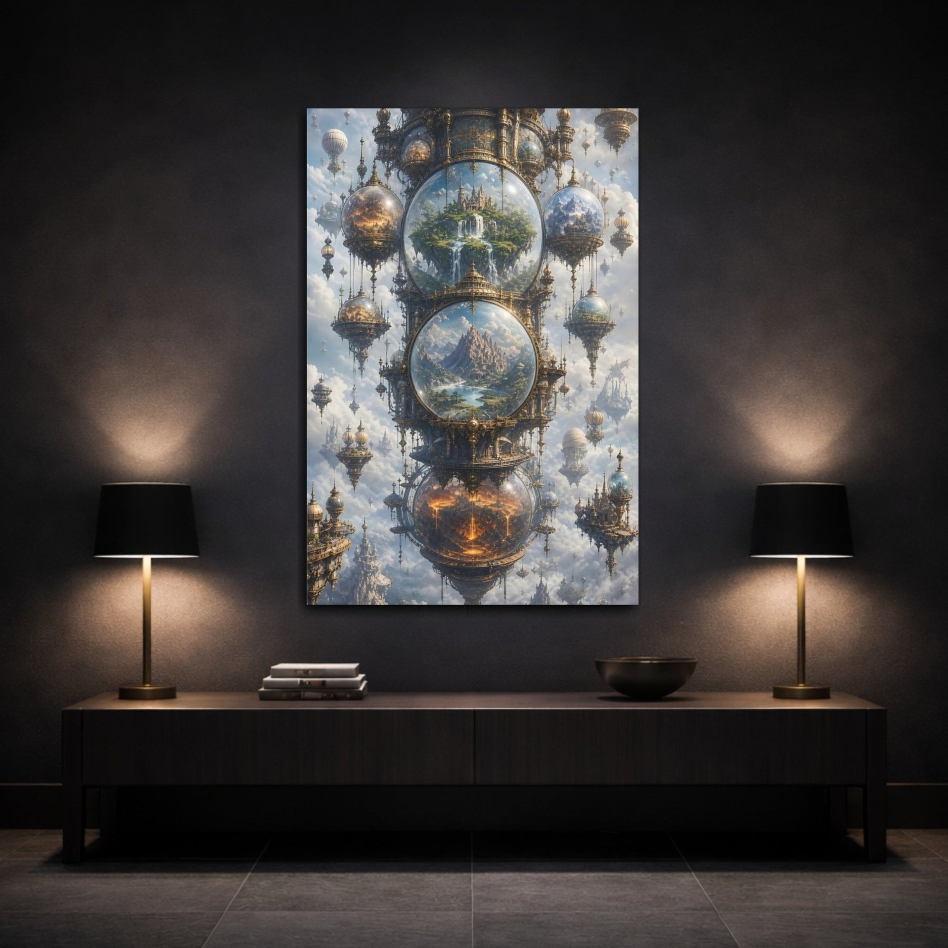 Science Fiction Floating Worlds Gold And Canvas Wall Art Print – Ornate Living Room, Above Couch - YesArtYes