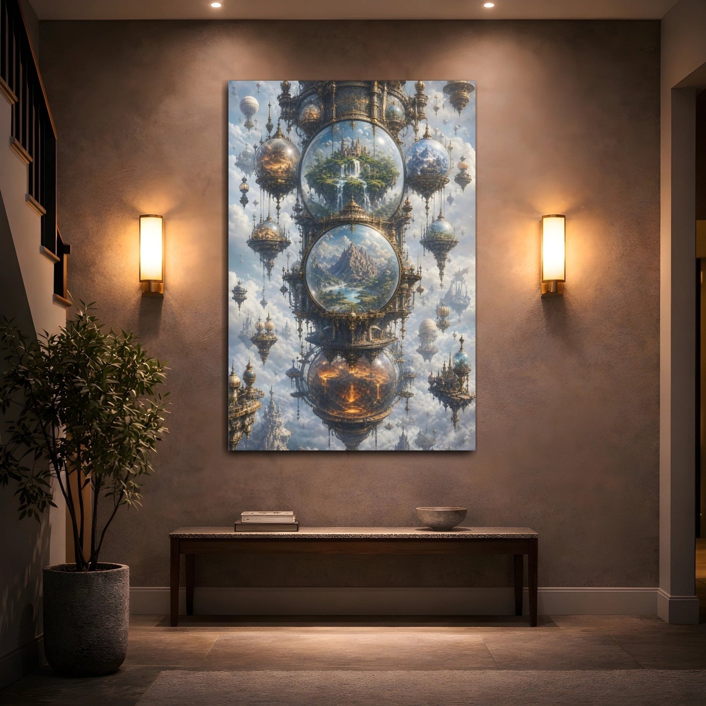 Science Fiction Floating Worlds Gold And Canvas Wall Art Print – Ornate Living Room, Above Couch - YesArtYes