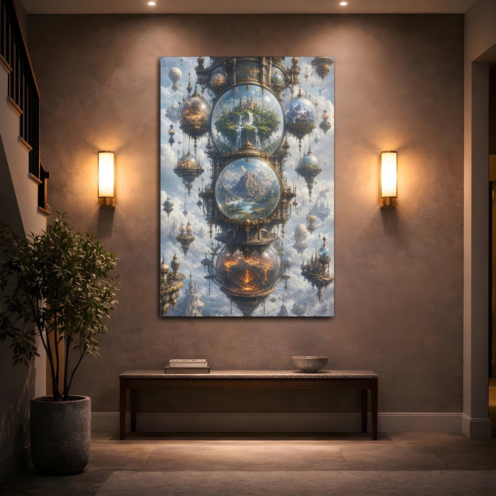 Science Fiction Floating Worlds Gold And Canvas Wall Art Print – Ornate Living Room, Above Couch - YesArtYes