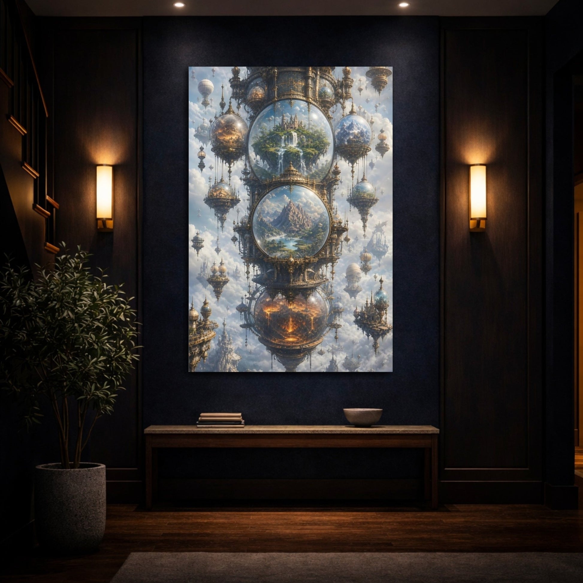 Science Fiction Floating Worlds Gold And Canvas Wall Art Print – Ornate Living Room, Above Couch - YesArtYes