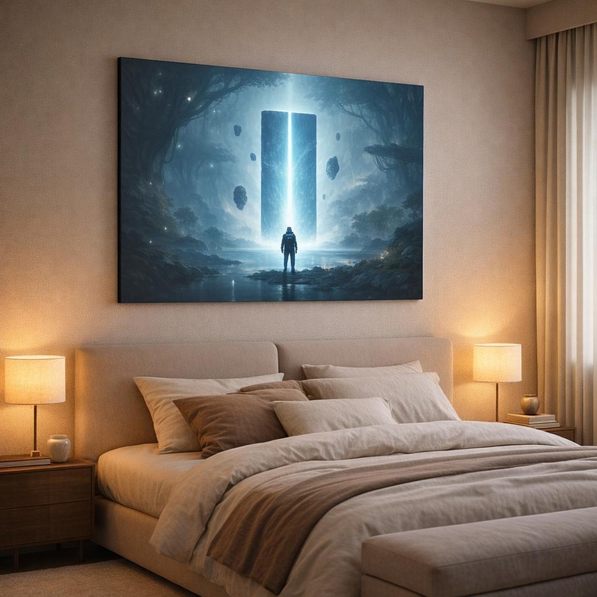 Science Fiction Forest Moody shown as canvas wall art in a luxury bedroom