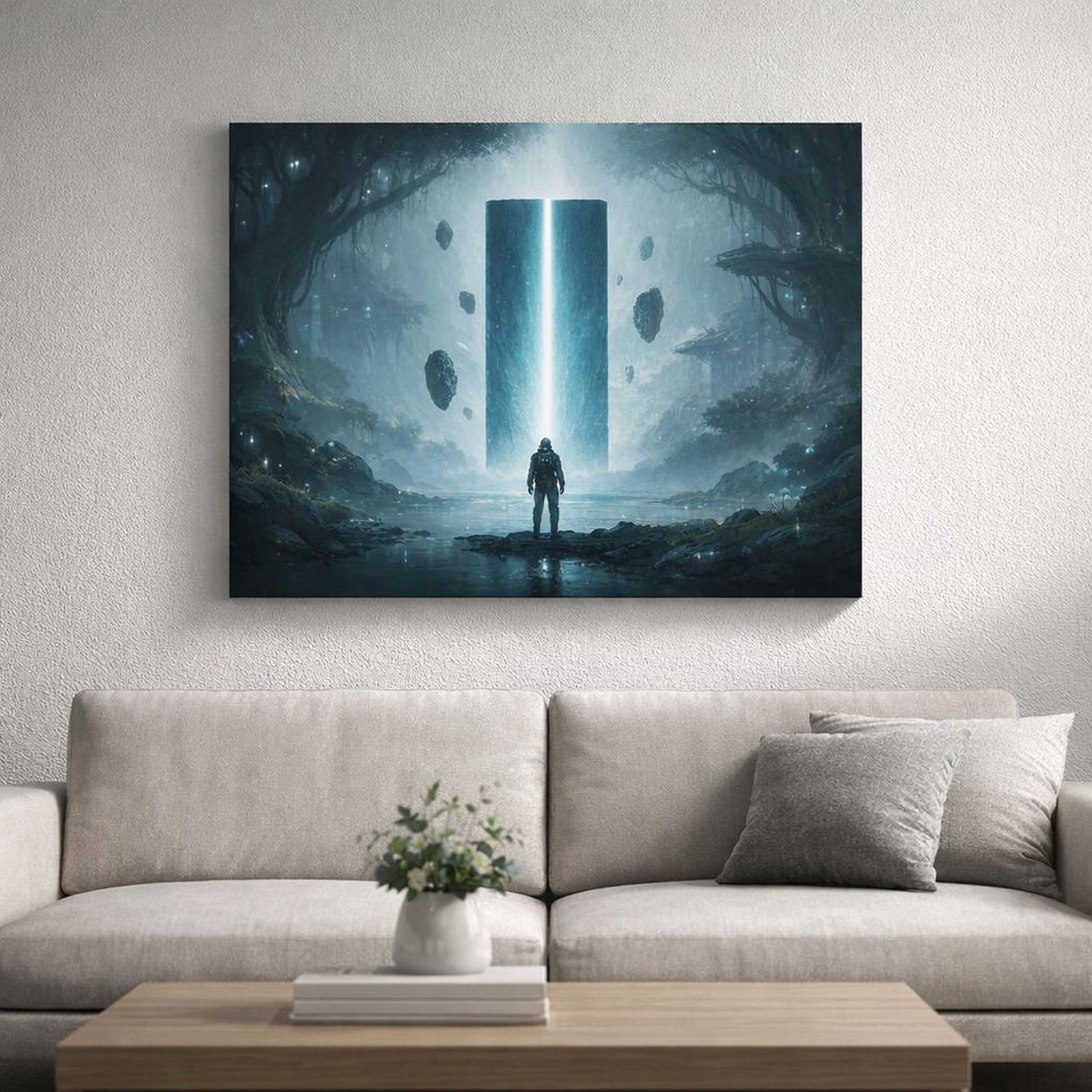 Science Fiction Forest Moody shown as canvas wall art in a refined dining room