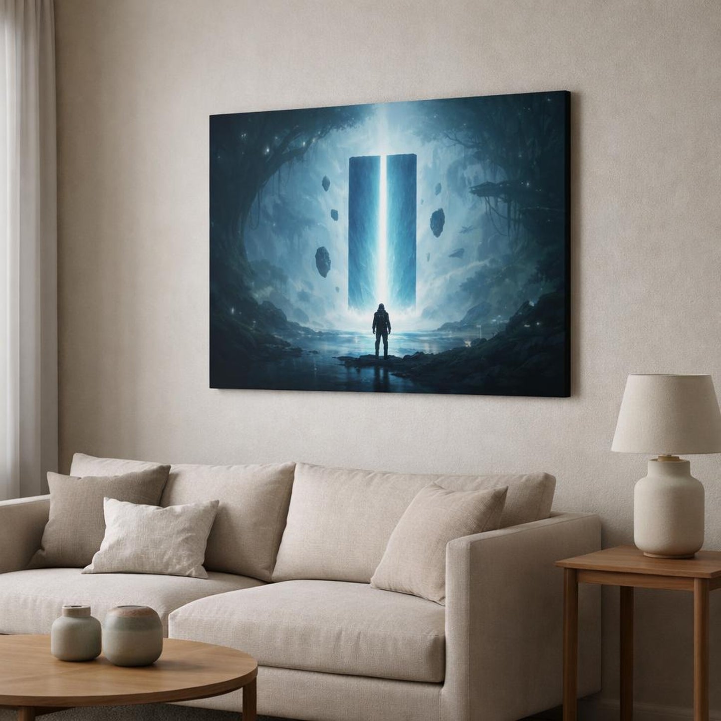 Science Fiction Forest Moody shown as canvas wall art in a modern living room