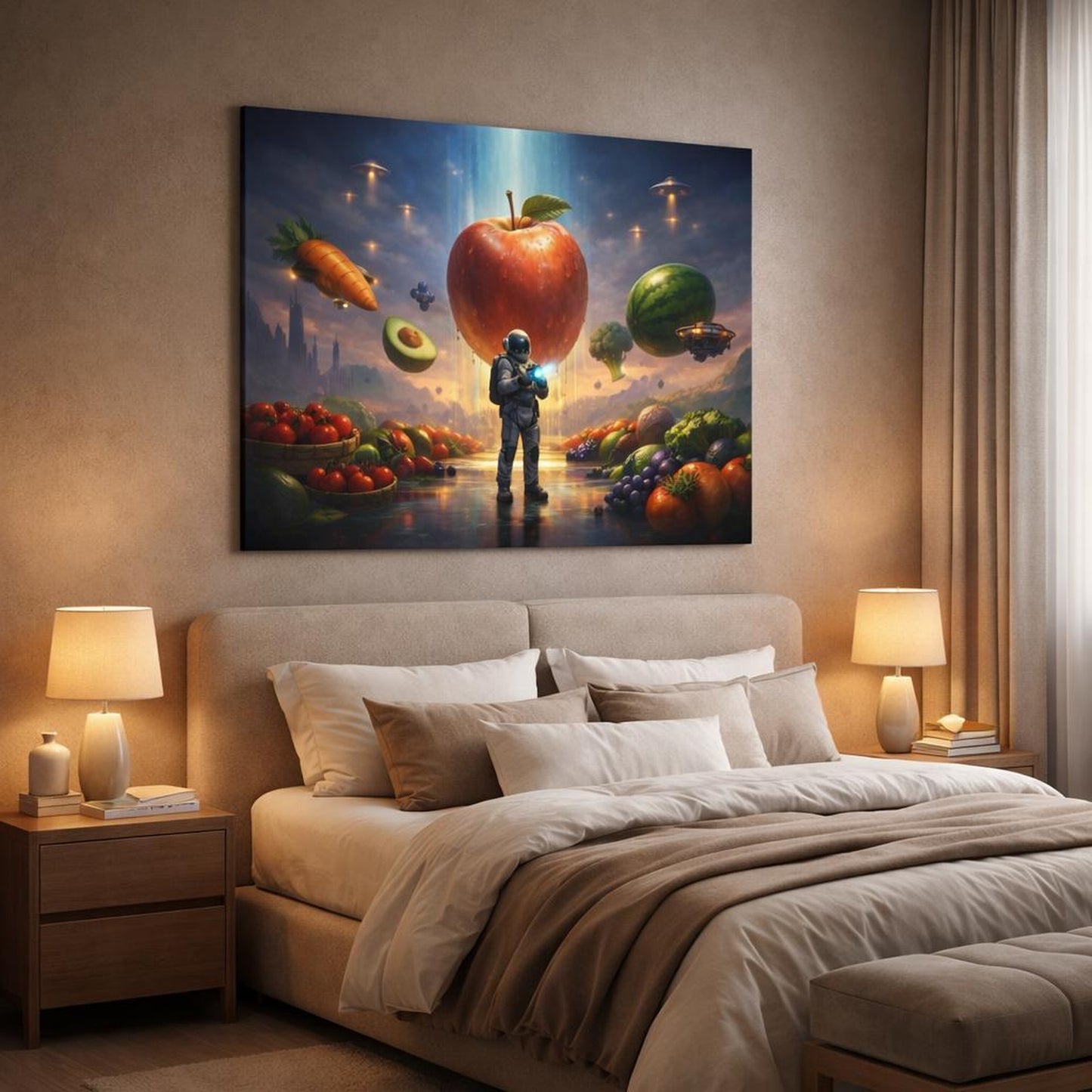 Science Fiction Fresh Produce shown as canvas wall art in a luxury bedroom