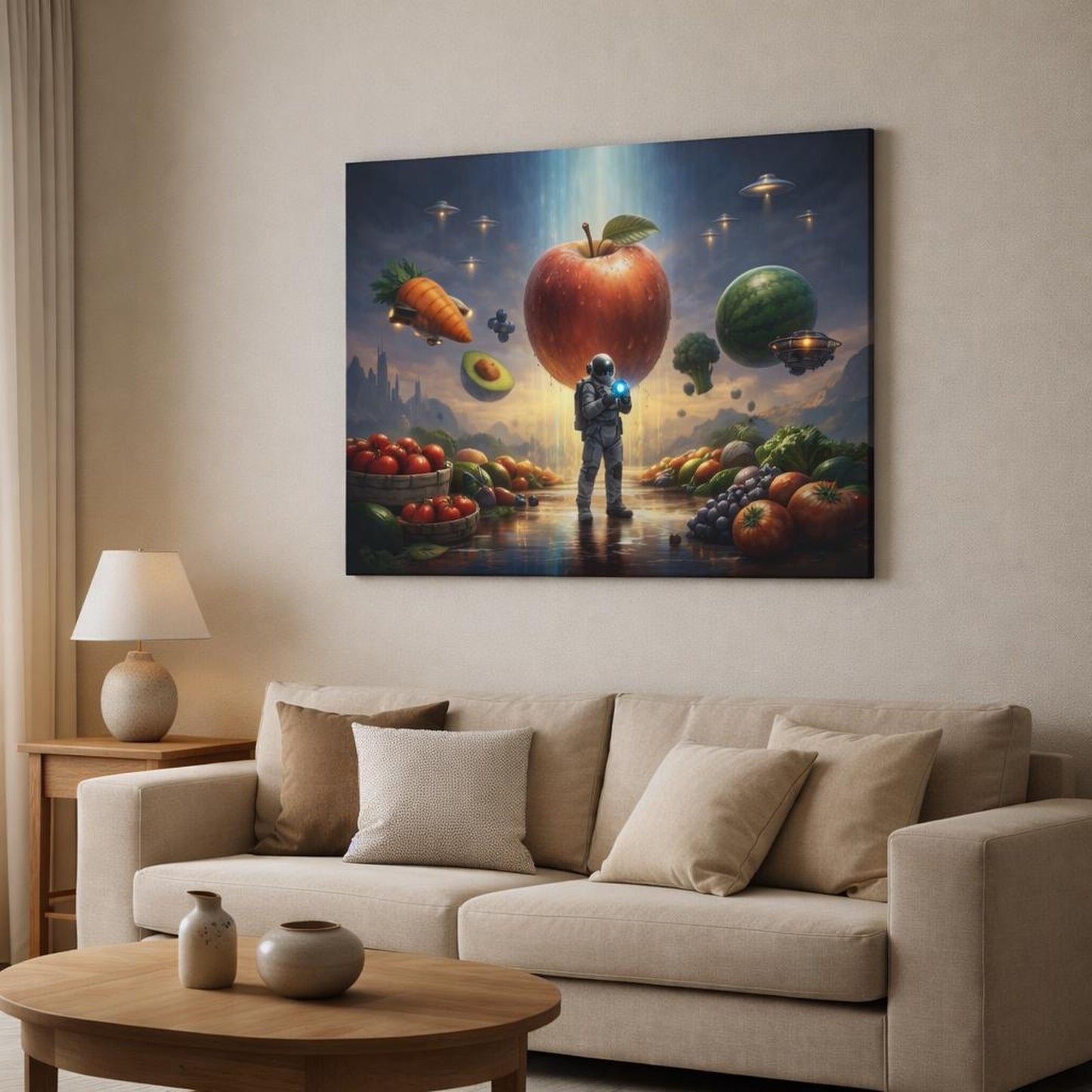 Science Fiction Fresh Produce shown as canvas wall art in a modern living room