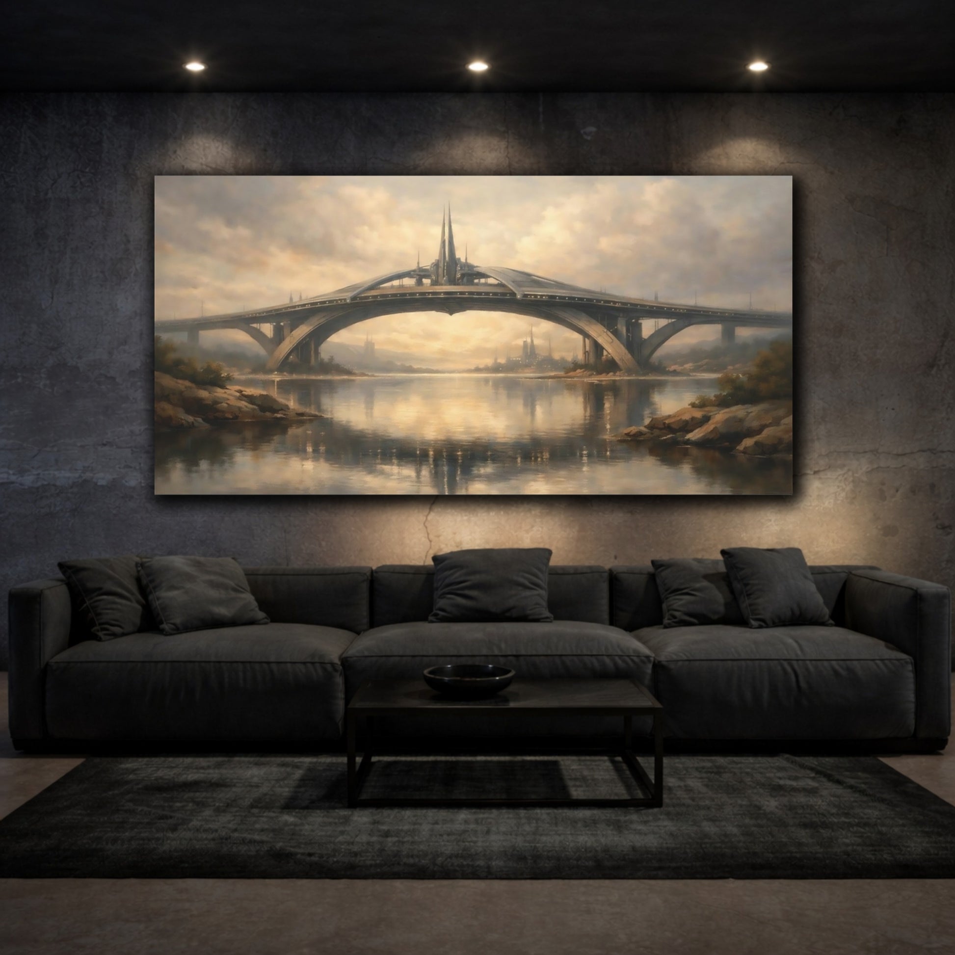 Mockup 2. Science Fiction Futuristic Bridge Futuristic Bridge shown as stretched canvas wall art
