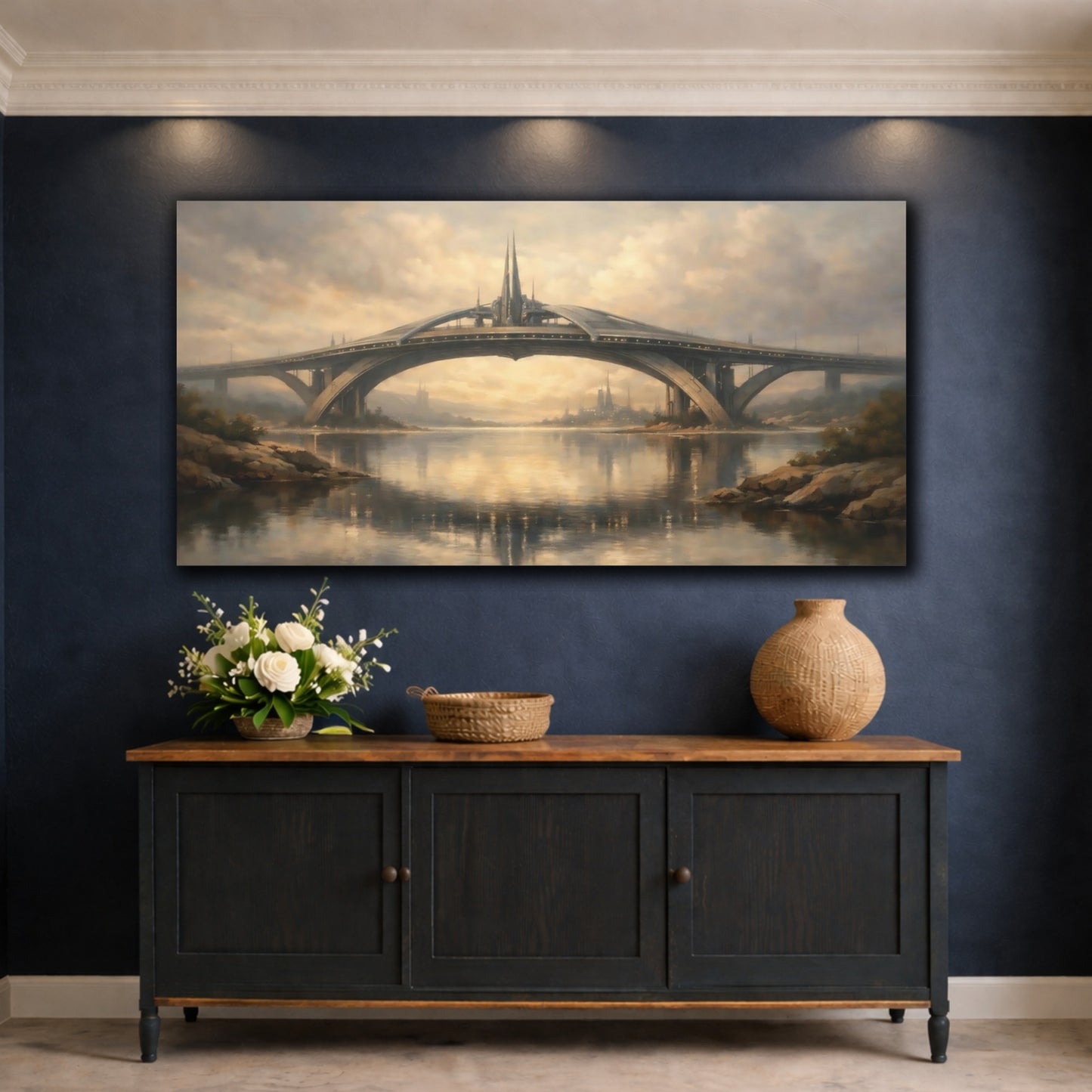 Mockup 4. Science Fiction Futuristic Bridge Futuristic Bridge shown as stretched canvas wall art
