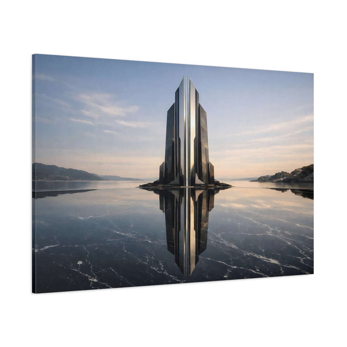 Main Mockup. Science Fiction Futuristic Building Black And Blue shown as stretched canvas wall art