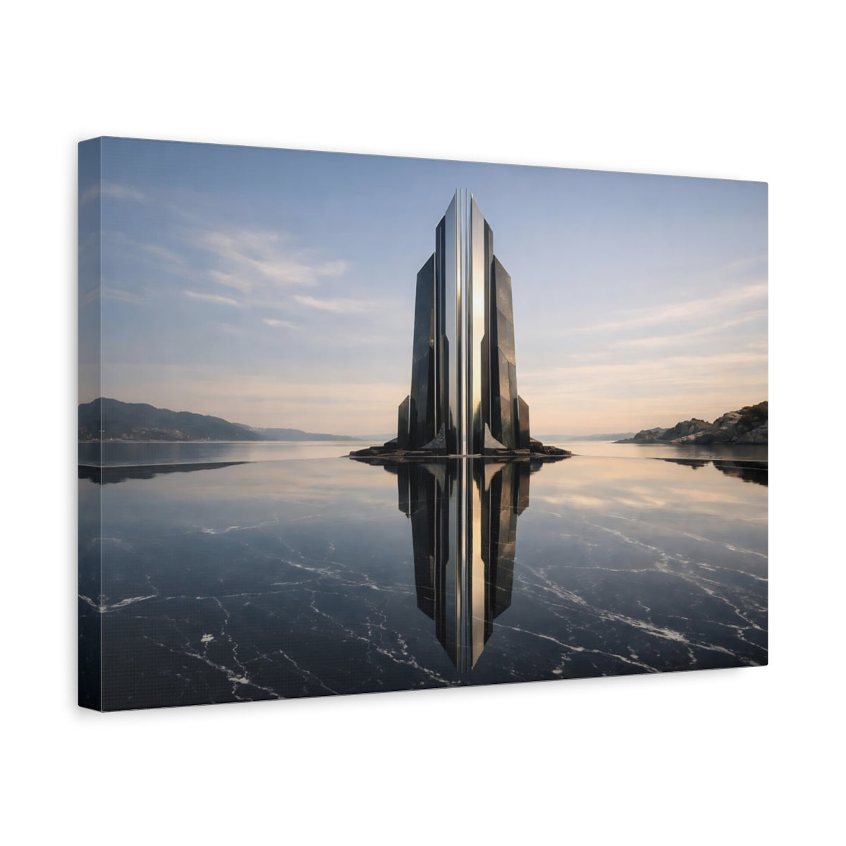 Side Mockup 4. Science Fiction Futuristic Building Black And Blue shown as stretched canvas wall art
