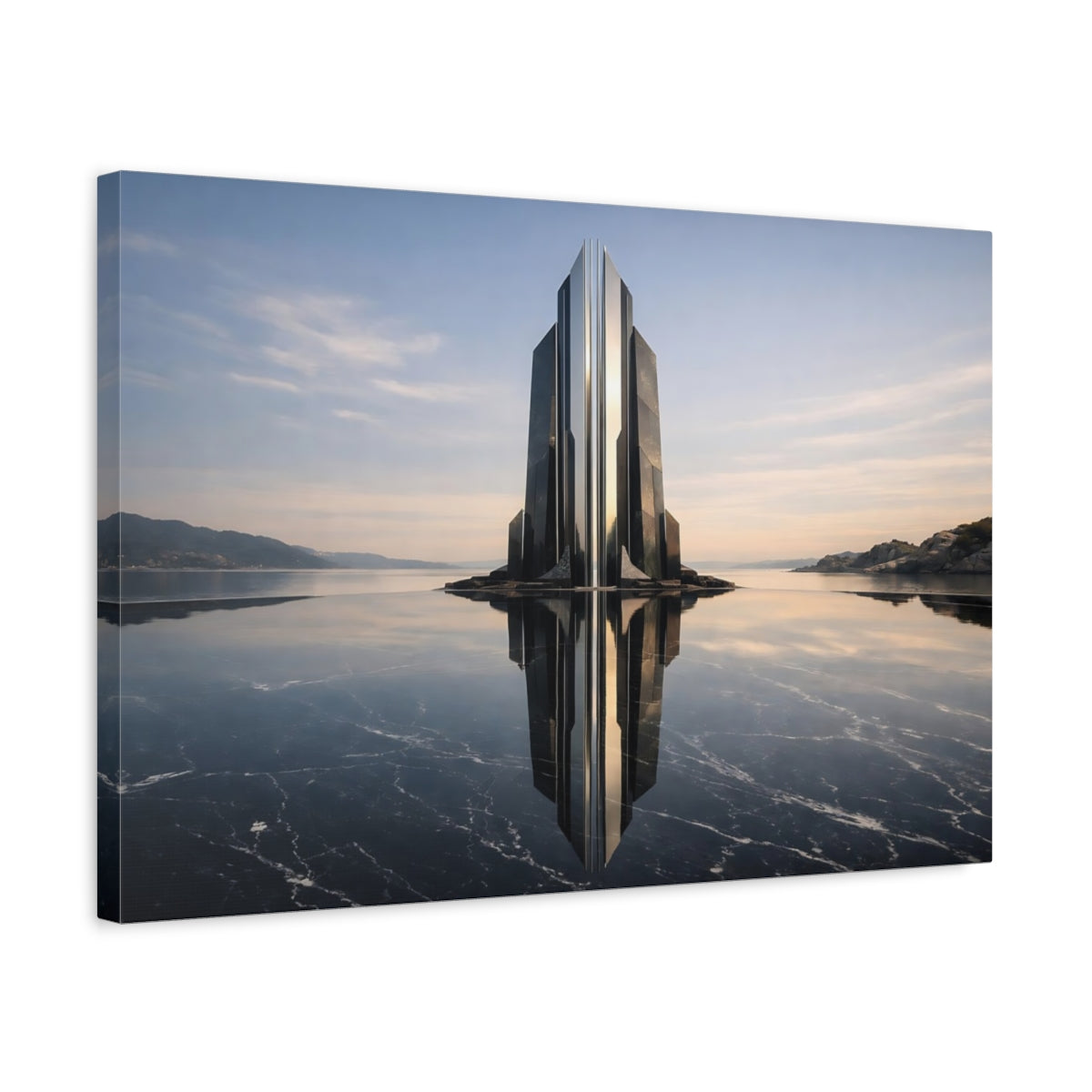 Side Mockup 3. Science Fiction Futuristic Building Black And Blue shown as stretched canvas wall art