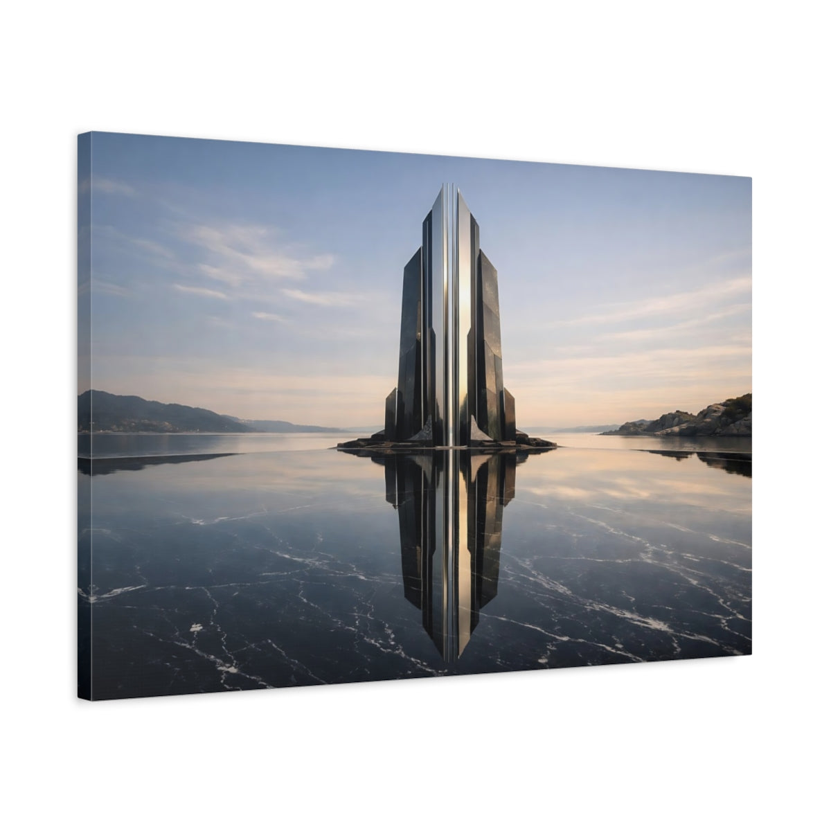 Side Mockup 2. Science Fiction Futuristic Building Black And Blue shown as stretched canvas wall art