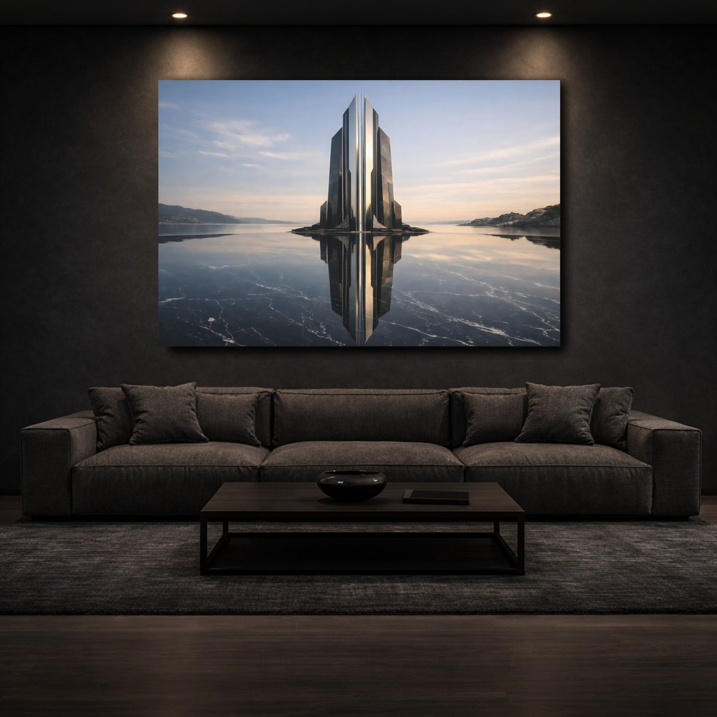 Mockup 2. Science Fiction Futuristic Building Black And Blue shown as stretched canvas wall art