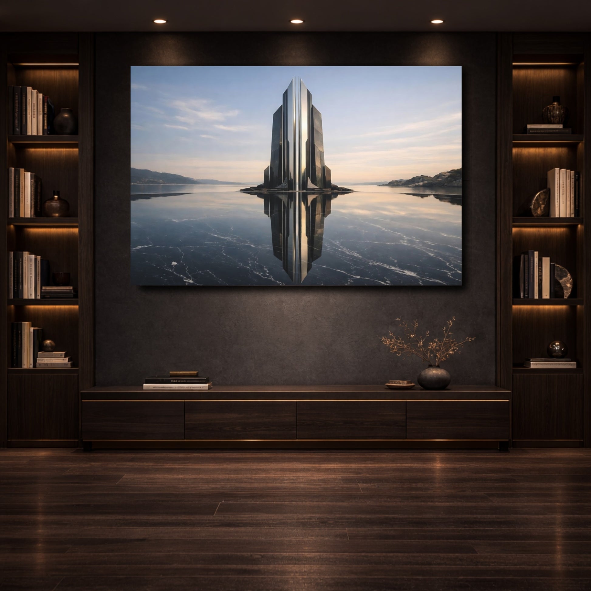 Mockup 3. Science Fiction Futuristic Building Black And Blue shown as stretched canvas wall art