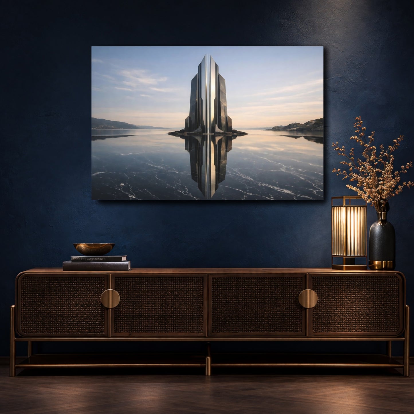 Mockup 4. Science Fiction Futuristic Building Black And Blue shown as stretched canvas wall art