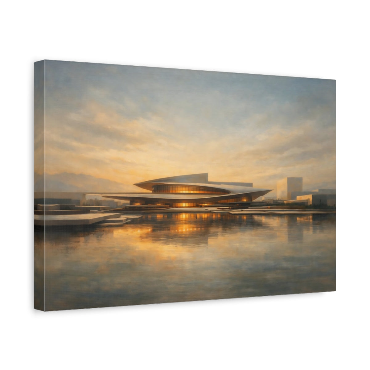 Side Mockup 4. Science Fiction Futuristic Building Golden Hour Architecture shown as stretched canvas wall art