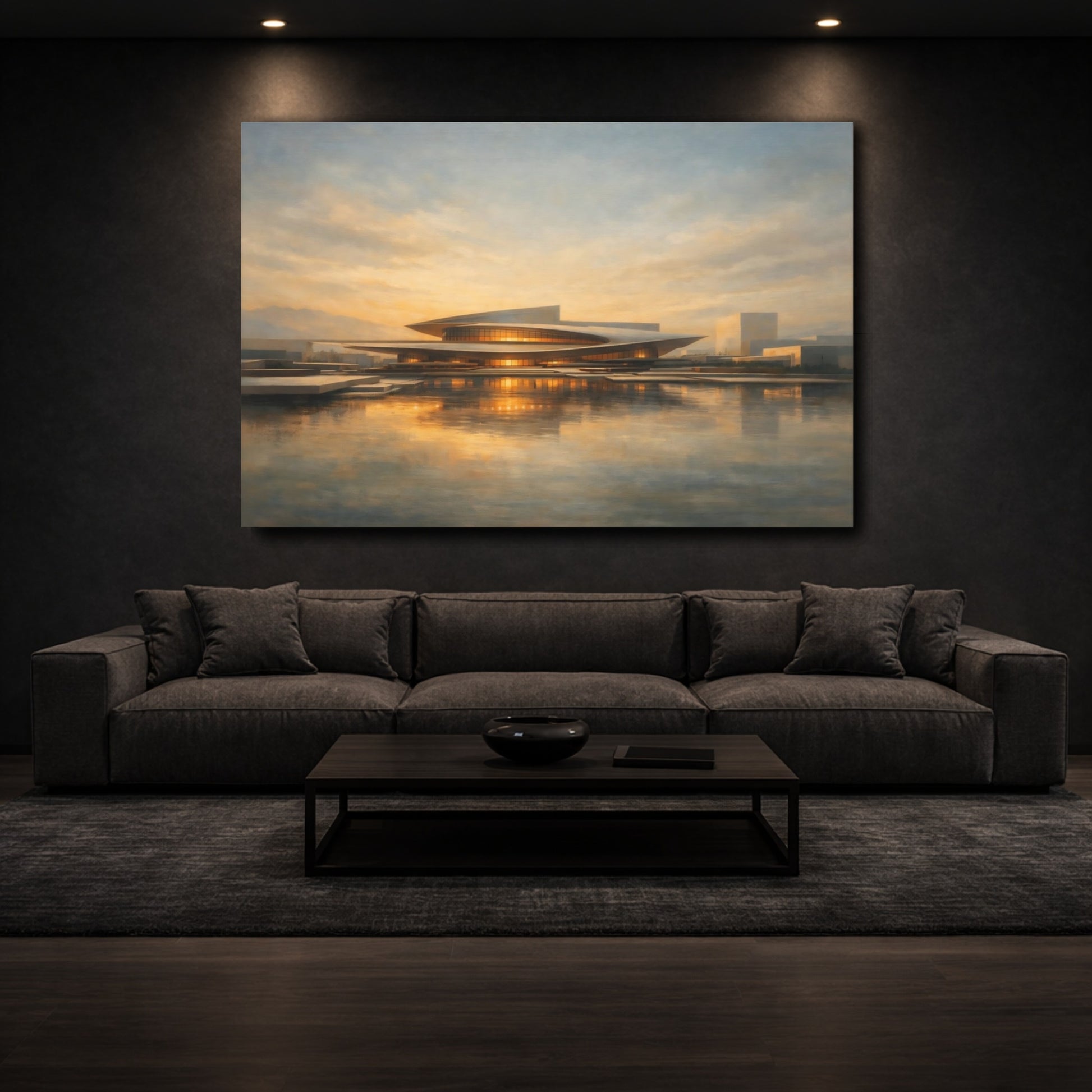 Mockup 2. Science Fiction Futuristic Building Golden Hour Architecture shown as stretched canvas wall art