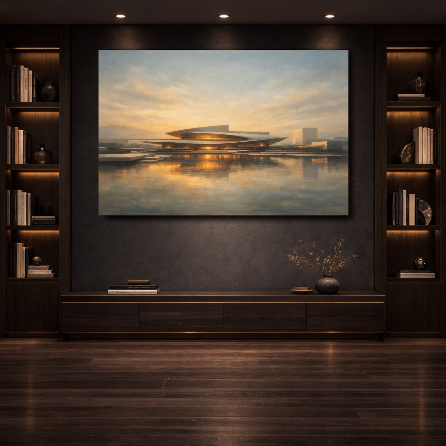 Mockup 3. Science Fiction Futuristic Building Golden Hour Architecture shown as stretched canvas wall art