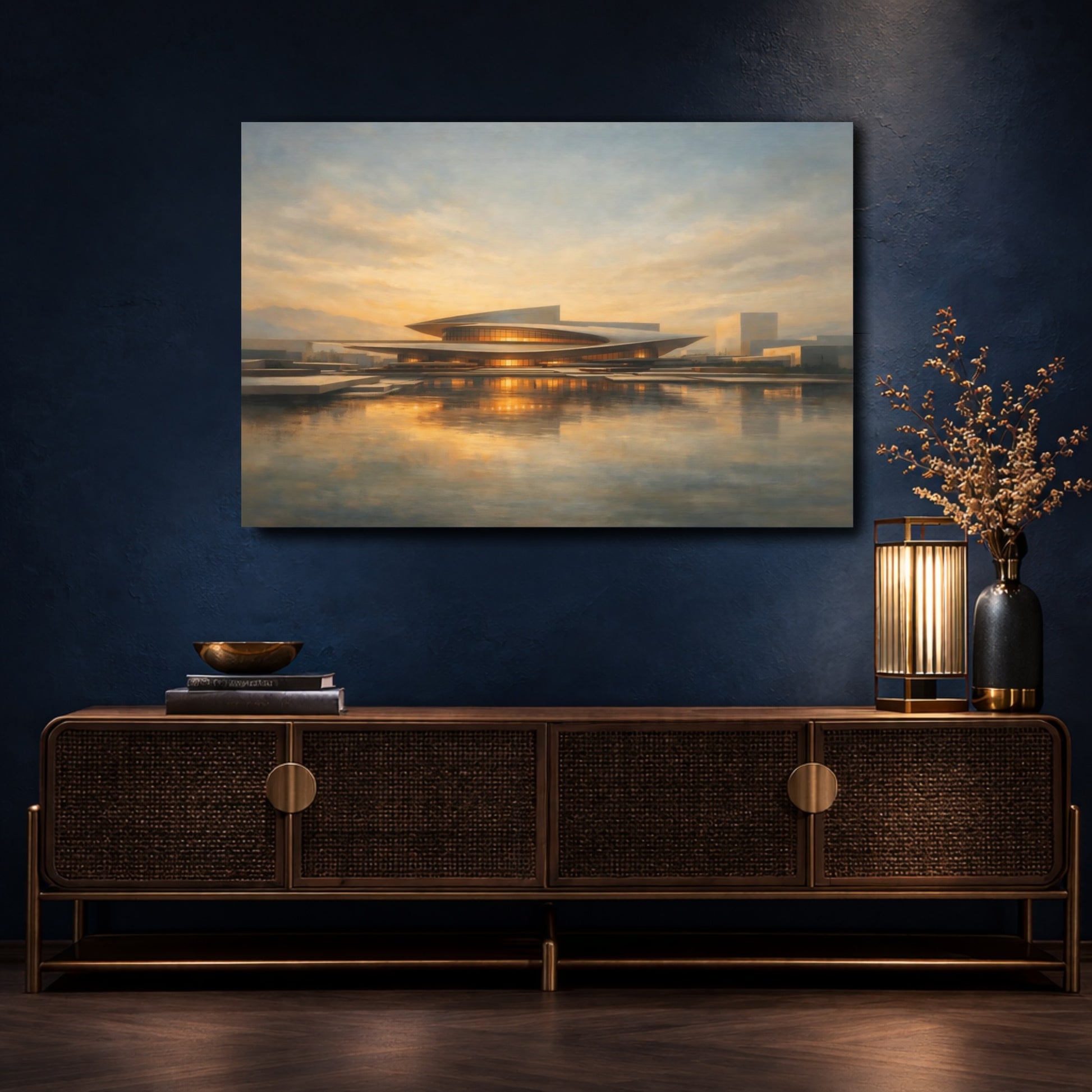 Mockup 4. Science Fiction Futuristic Building Golden Hour Architecture shown as stretched canvas wall art