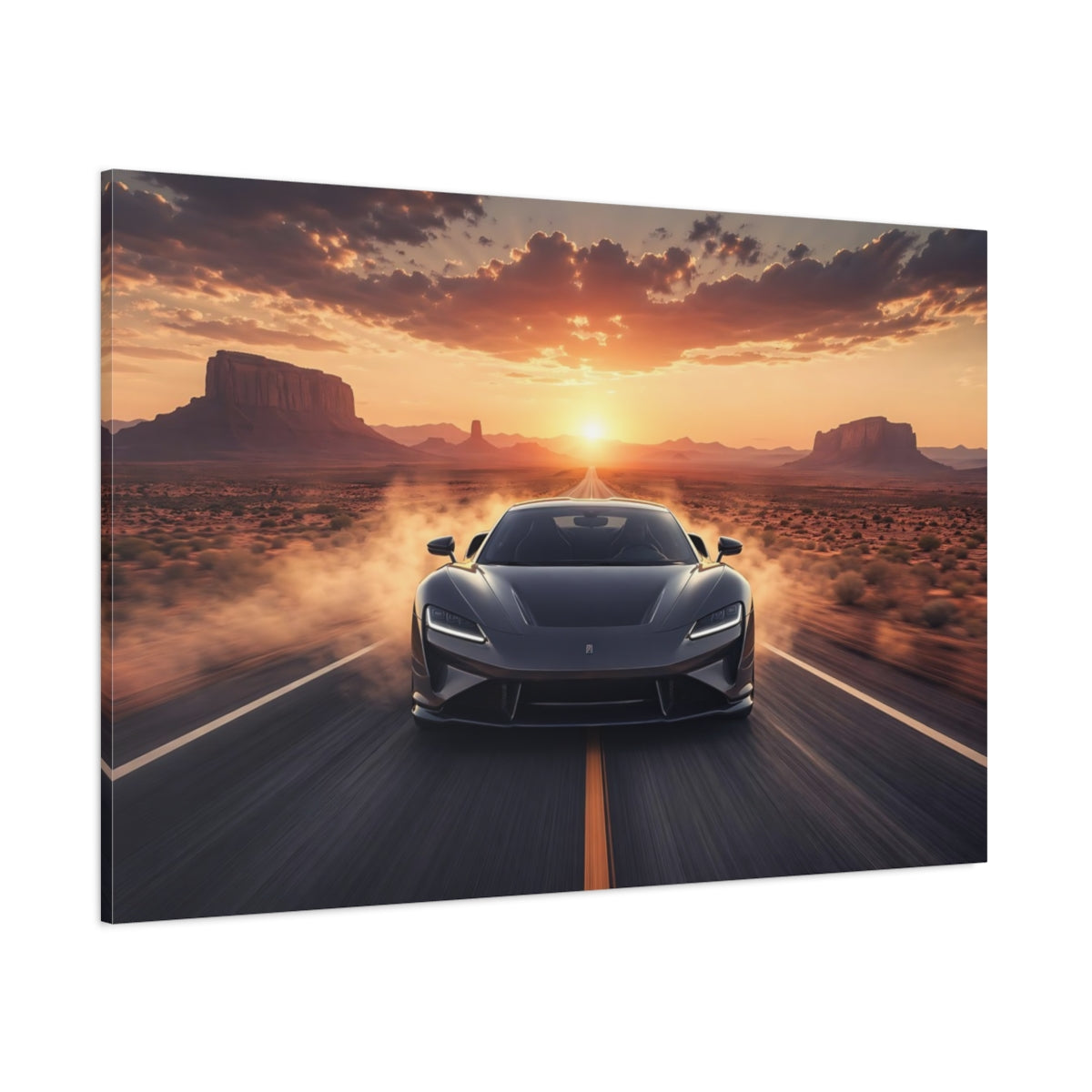 Side Mockup 1. Science Fiction Futuristic Car Orange Sunset shown as stretched canvas wall art