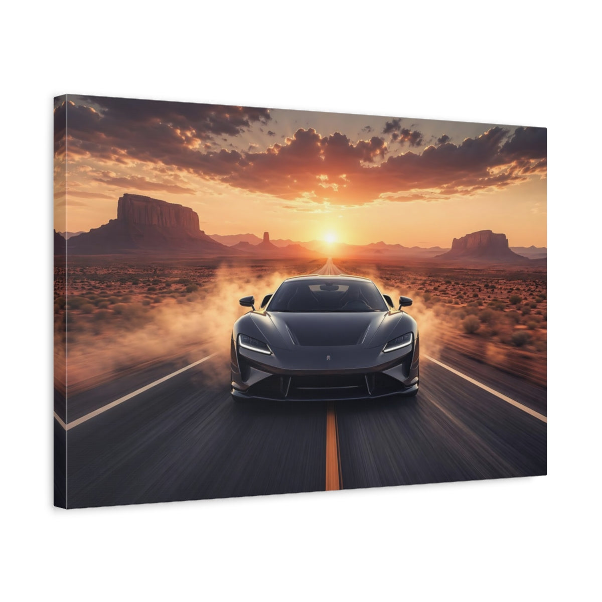 Side Mockup 3. Science Fiction Futuristic Car Orange Sunset shown as stretched canvas wall art