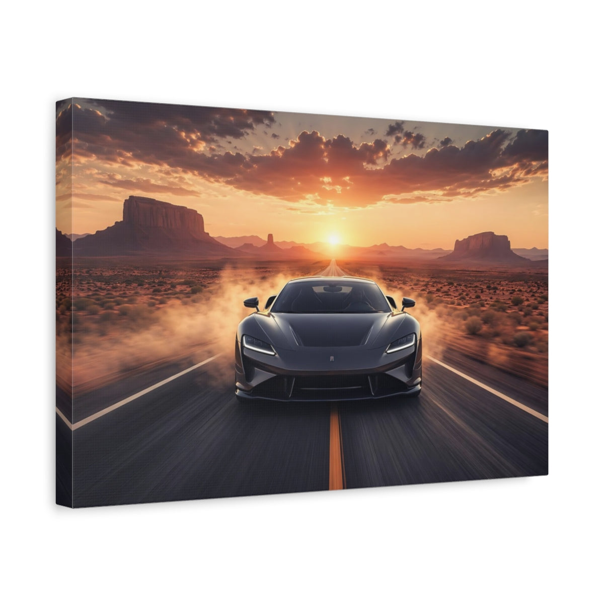 Side Mockup 4. Science Fiction Futuristic Car Orange Sunset shown as stretched canvas wall art