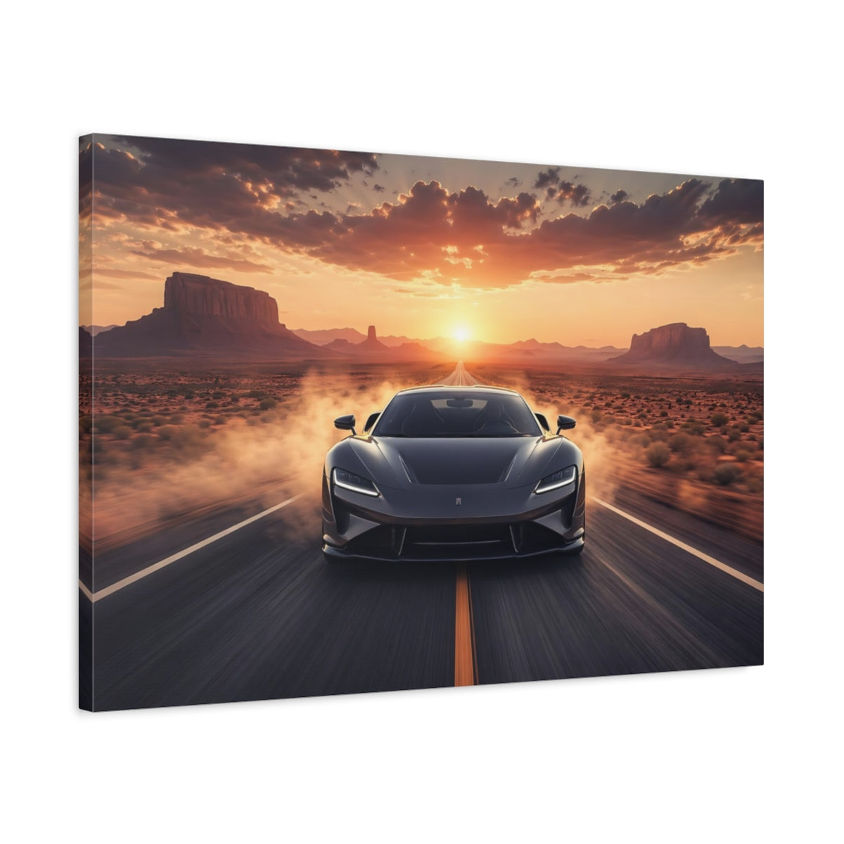 Side Mockup 2. Science Fiction Futuristic Car Orange Sunset shown as stretched canvas wall art