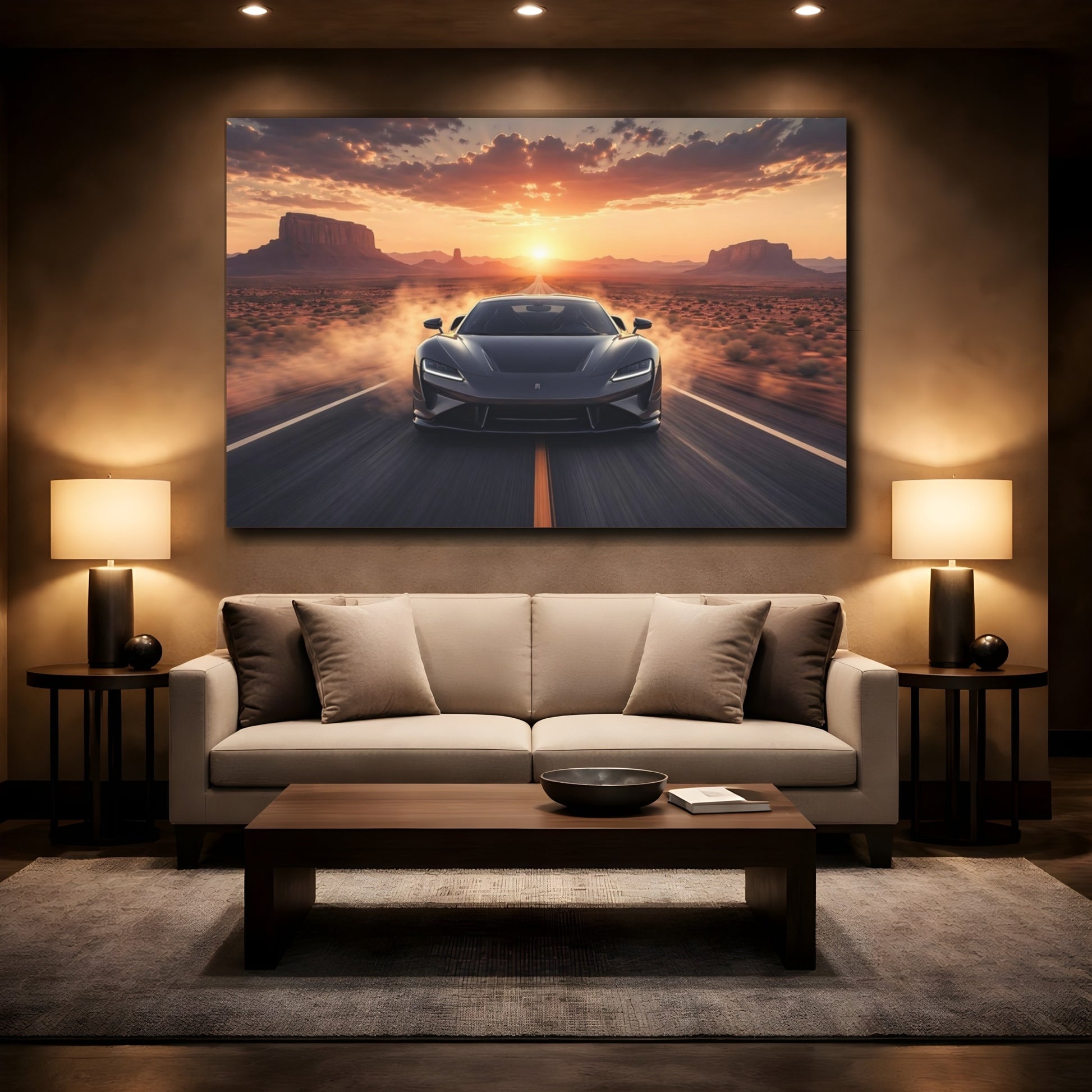 Mockup 2. Science Fiction Futuristic Car Orange Sunset shown as stretched canvas wall art