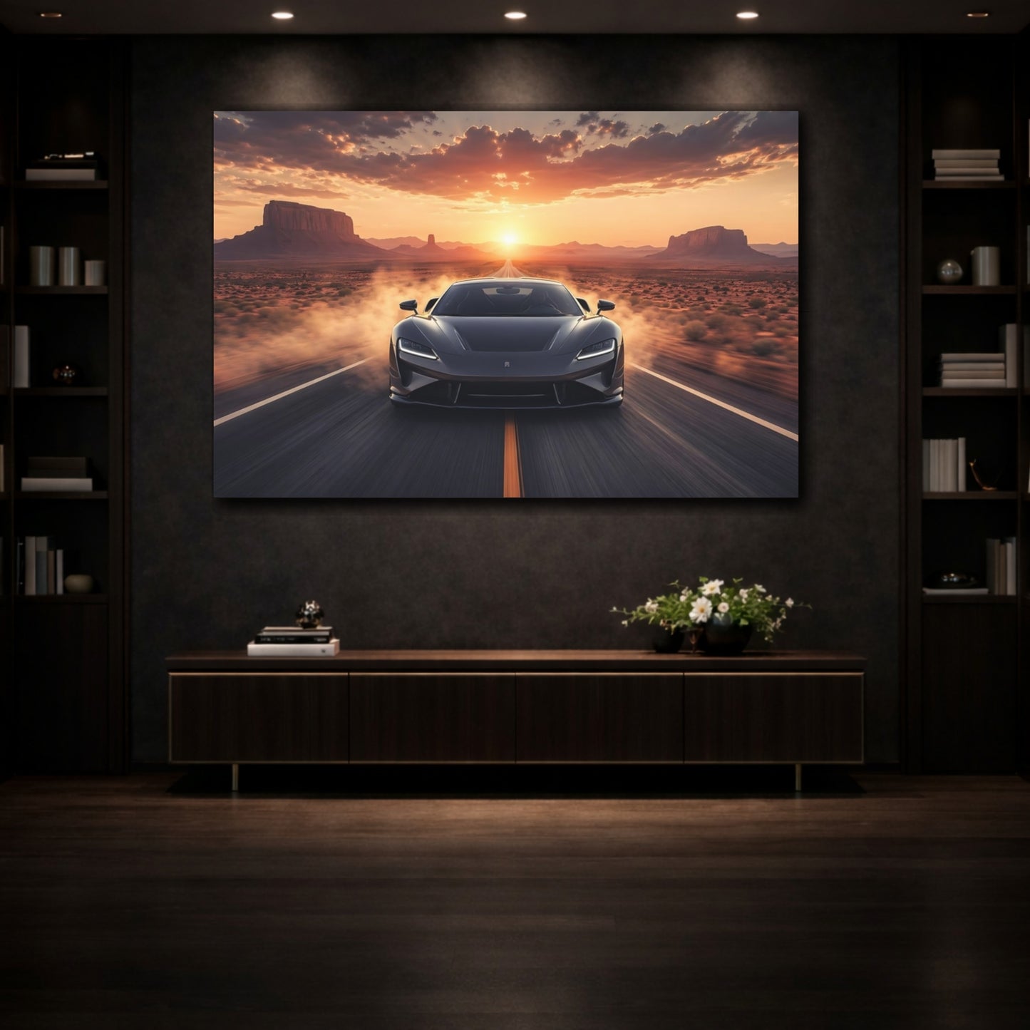 Mockup 3. Science Fiction Futuristic Car Orange Sunset shown as stretched canvas wall art