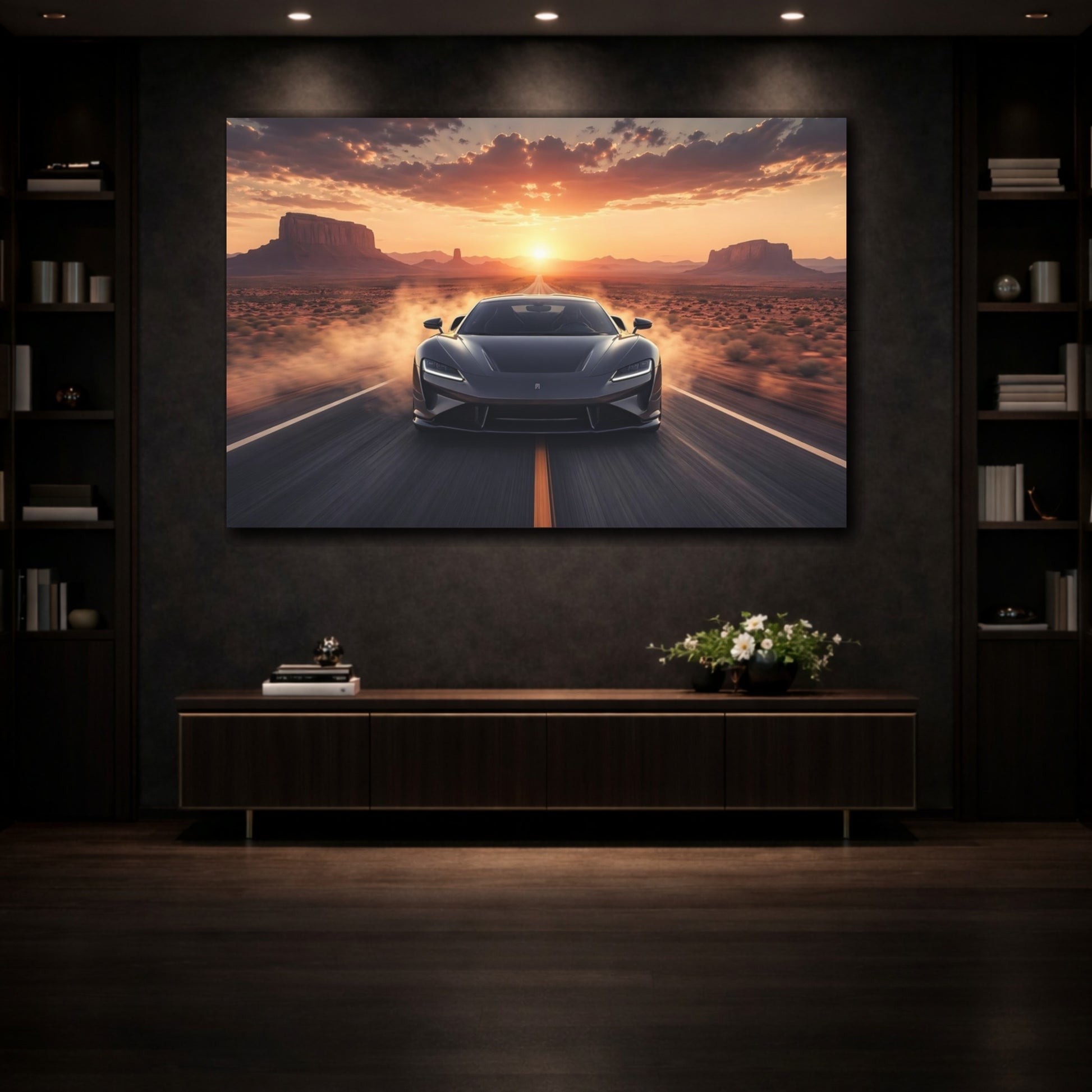 Mockup 3. Science Fiction Futuristic Car Orange Sunset shown as stretched canvas wall art